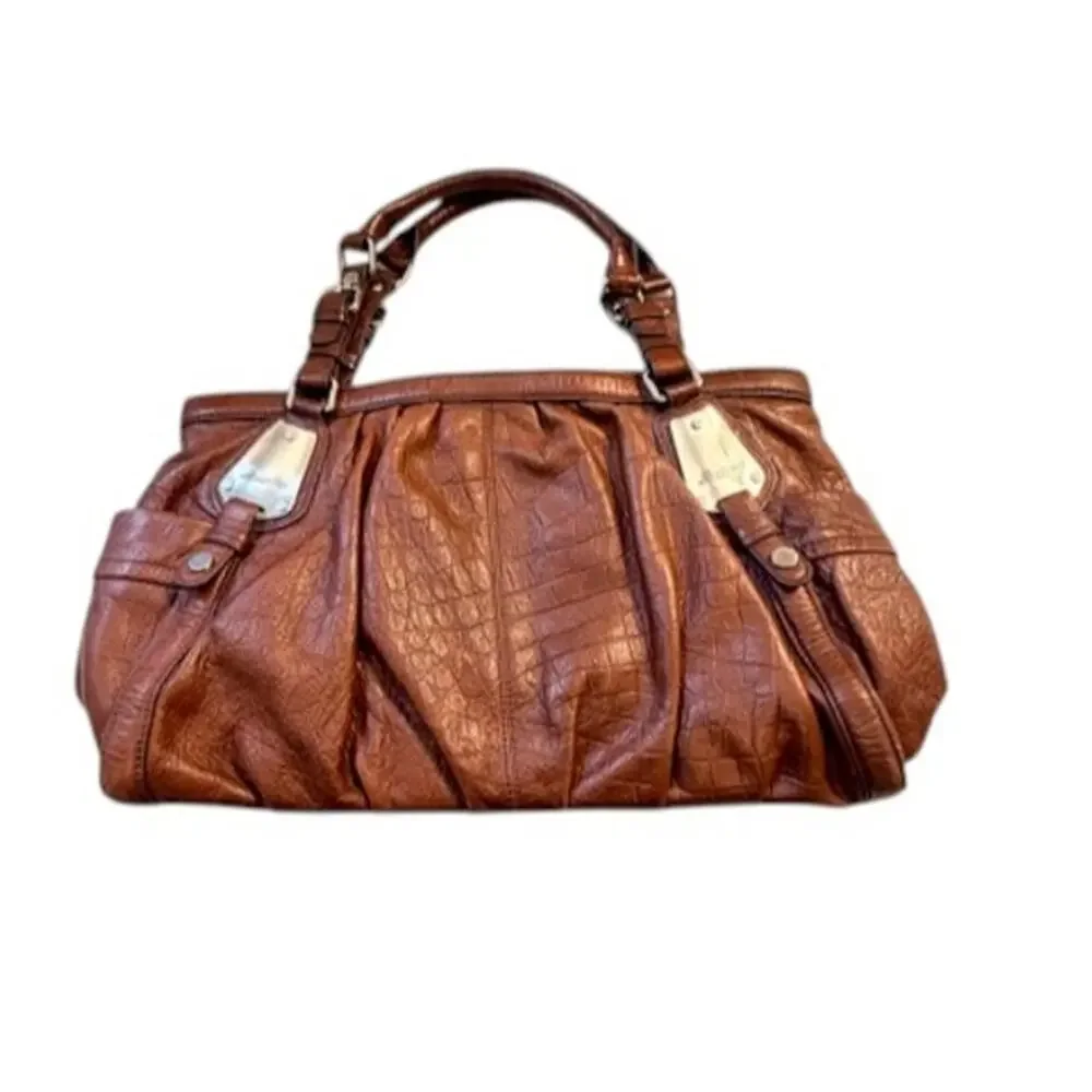 B Makowsky Brown Leather Satchel Croc Embossed Shoulder Bag Large Designer Tote
